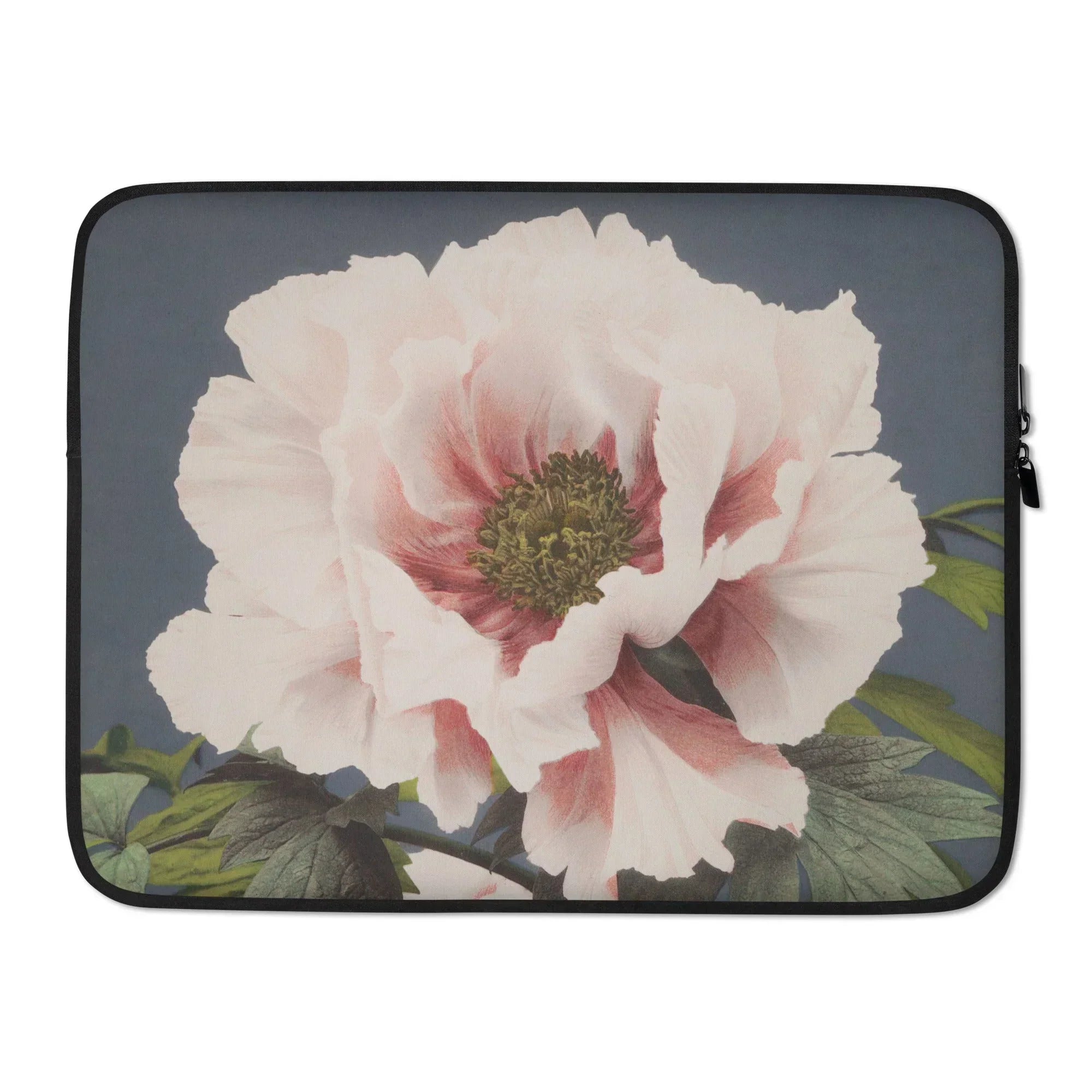 Pink Peony - Kazumasa Ogawa Floral Laptop Sleeve, 15″, Delicate Pink Peony Flower Ruffled Petals Green Center