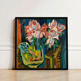 Pink Roses - Ernst Ludwig Kirchner Art Print / Canvas Vibrant Abstract Painting Black Frame Bold Strokes, Kirchner’s, Unbridled Emotion
