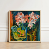Pink Roses - Ernst Ludwig Kirchner Art Print / Canvas Framed Painting Vibrant White Flowers Blue Vase, Kirchner’s, Unbridled Emotion Prints
