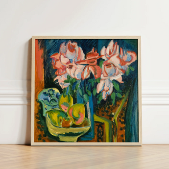 Pink Roses - Ernst Ludwig Kirchner Art Print / Canvas Framed Painting Vibrant White Flowers Blue Vase, Kirchner’s, Unbridled Emotion Prints