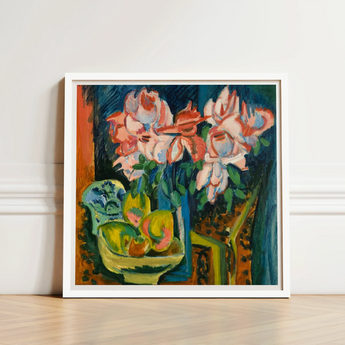 Pink Roses - Ernst Ludwig Kirchner Art Print / Canvas Framed Painting Vibrant Life White Flowers Blue, Kirchner’s, Unbridled Emotion Prints
