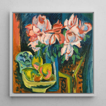 Pink Roses - Ernst Ludwig Kirchner Art Print / Canvas Vibrant Abstract Painting White Flowers Green Leaves, Kirchner’s, Unbridled Emotion