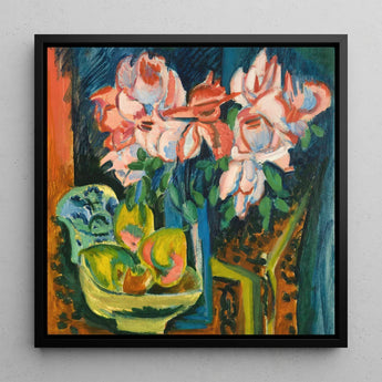 Pink Roses - Ernst Ludwig Kirchner Art Print / Canvas Vibrant Expressionist-style Framed Painting White Green, Kirchner’s, Unbridled