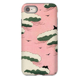 Pink Sky - Watanabe Seitei Bijutsu Sekai Art Iphone Case, 8 / Matte, Phone Case Pink Background Stylized Green Clouds Birds