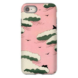 Pink Sky - Watanabe Seitei Bijutsu Sekai Art Phone Case Iphone 8 / Matte Background Stylized Green Clouds Birds, Seitei’s Ethereal