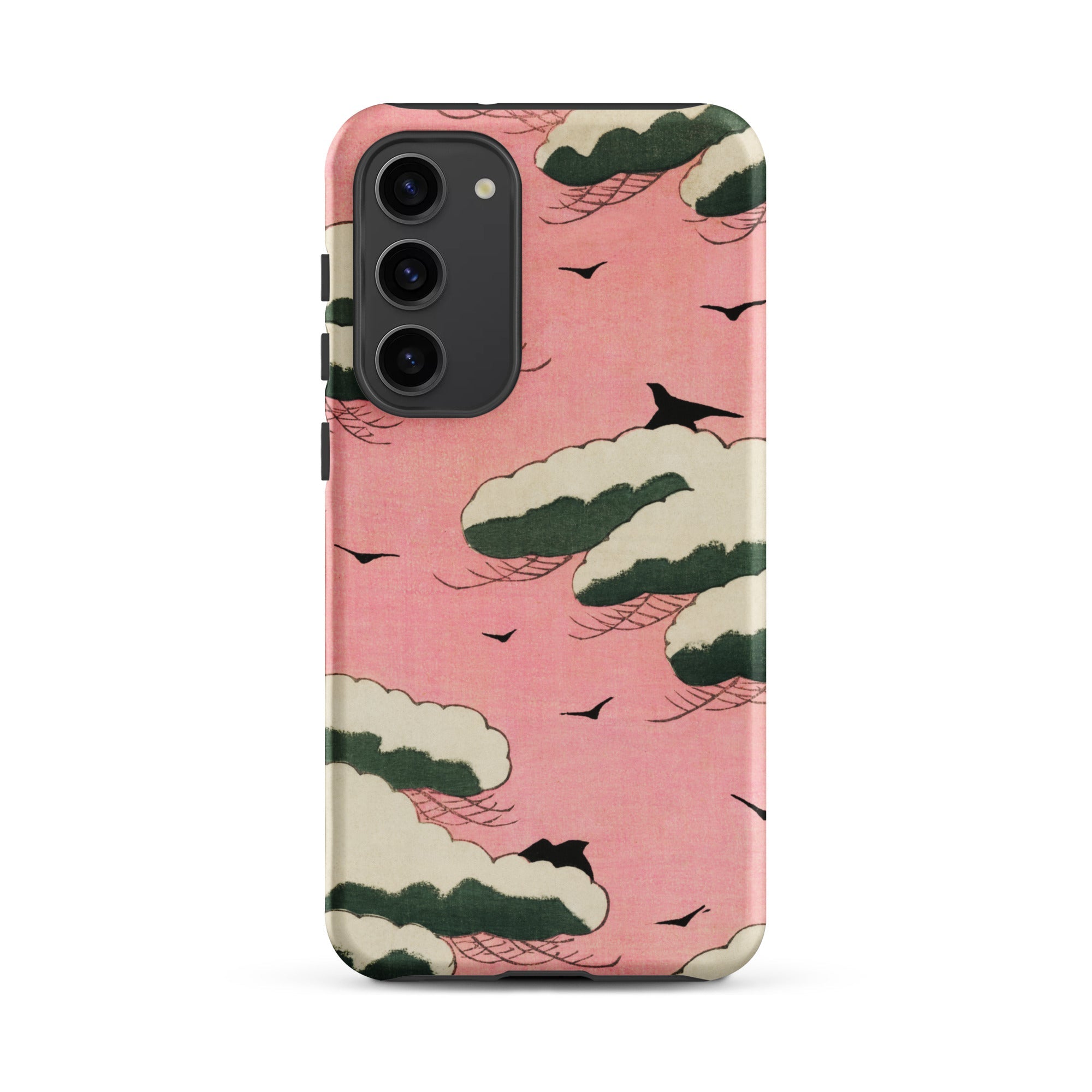 Pink Sky Watanabe Seitei Bijutsu Sekai Art Samsung Case, Galaxy S23 Plus / Matte, Phone Case Pink Background White Dark Green Clouds