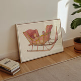Pink Sleigh - Amos C. Brinton 1930s Decorative Art Print / Canvas Framed Watercolor Painting Vintage Pink Sleigh Ornate Captivating Sleigh,