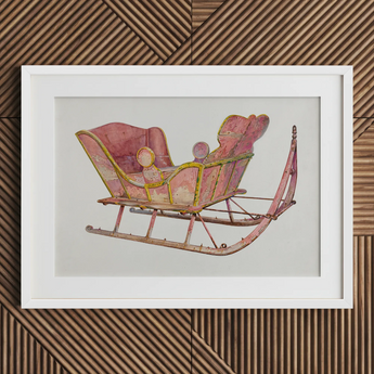 Pink Sleigh - Amos C. Brinton 1930s Decorative Art Print / Canvas Framed Watercolor Painting Vintage Pink Yellow Sleigh Paint Captivating