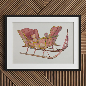 Pink Sleigh - Amos C. Brinton 1930s Decorative Art Print / Canvas Vintage-style Pink Yellow Sleigh Illustration Black-framed Print