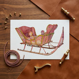 Pink Sleigh - Amos C. Brinton 1930s Decorative Art Print / Canvas Watercolor Illustration Vintage Pink Yellow Sleigh Distressed Paint