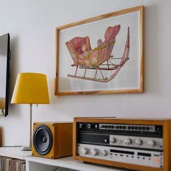 Pink Sleigh - Amos C. Brinton 1930s Decorative Art Print, Framed Artwork Vintage Red Sleigh White Background