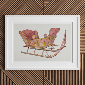 Pink Sleigh - Amos C. Brinton 1930s Decorative Art Print, Vintage Pink Gold Sleigh Ornate Curved Runners