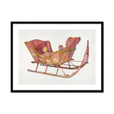 Pink Sleigh - Amos C. Brinton 1930s Decorative Art Print, Vintage Red Wooden Sleigh Ornate Curved Runners Upholstered