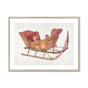 Pink Sleigh - Amos C. Brinton 1930s Decorative Art Print, Vintage Red Wooden Sleigh Ornate Cushioned Seating