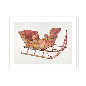 Pink Sleigh - Amos C. Brinton 1930s Decorative Art Print, Vintage Red Wooden Sleigh Upholstered Seating Curved Metal