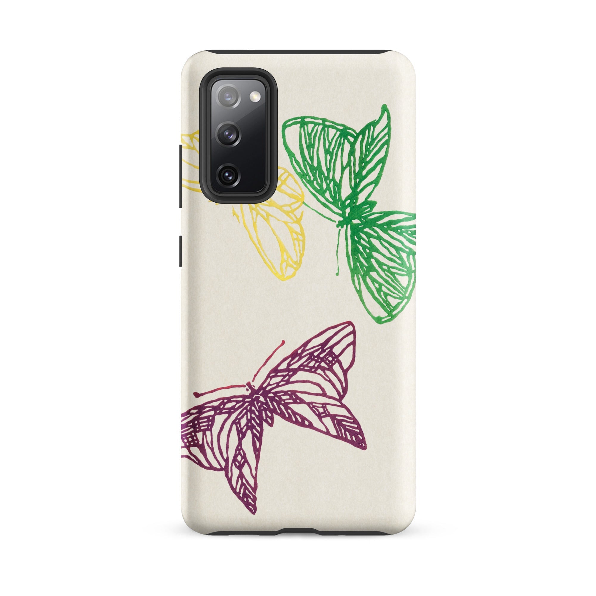 Pink Yellow & Green Butterflies Kamisaka Sekka Samsung Case, Galaxy S20 Fe / Matte, Phone Case Cream Background Three Sketched Butterflies