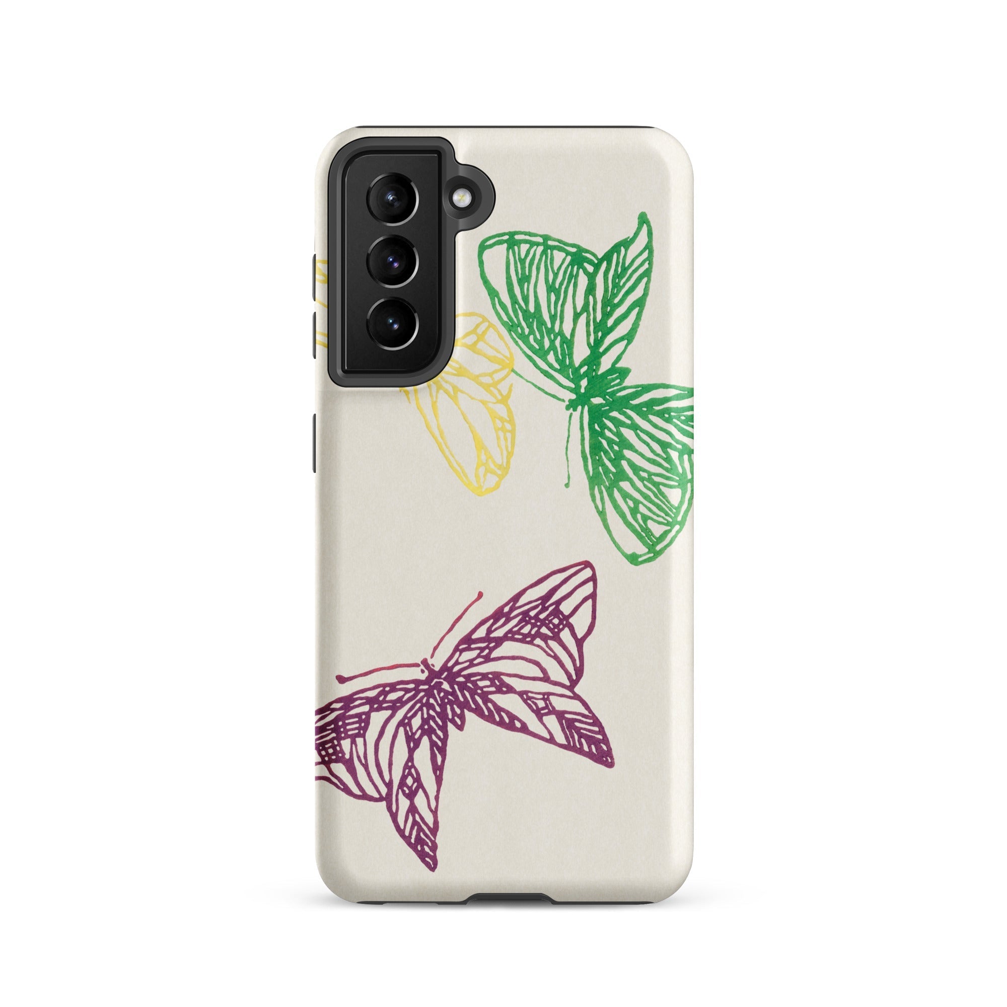 Pink Yellow & Green Butterflies Kamisaka Sekka Samsung Case, Galaxy S21 / Matte, Smartphone Cream Colored Case Adorned Three Colorful Hand