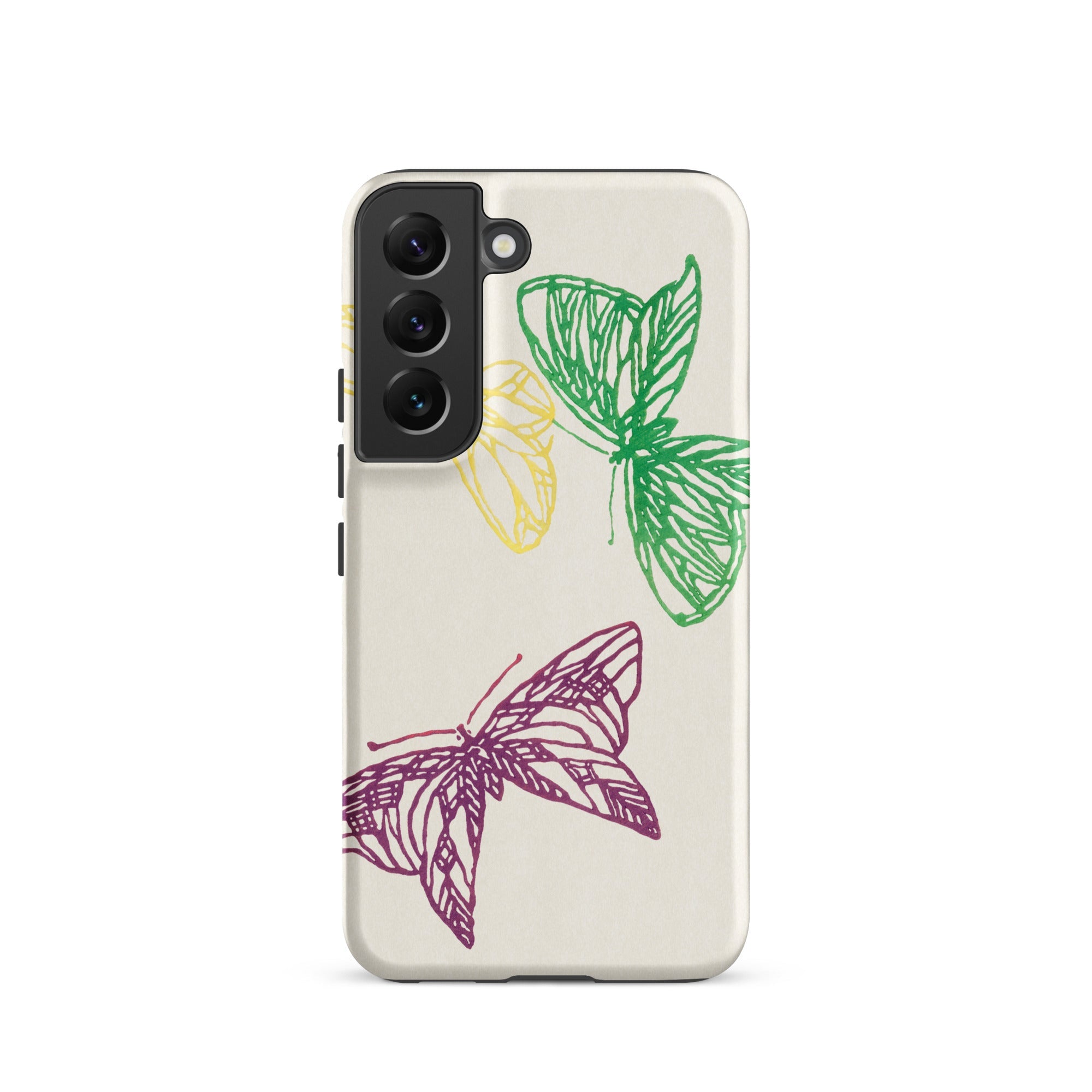 Pink Yellow & Green Butterflies Kamisaka Sekka Samsung Case, Galaxy S22 / Matte, White Phone Case Three Colorful Butterfly Designs