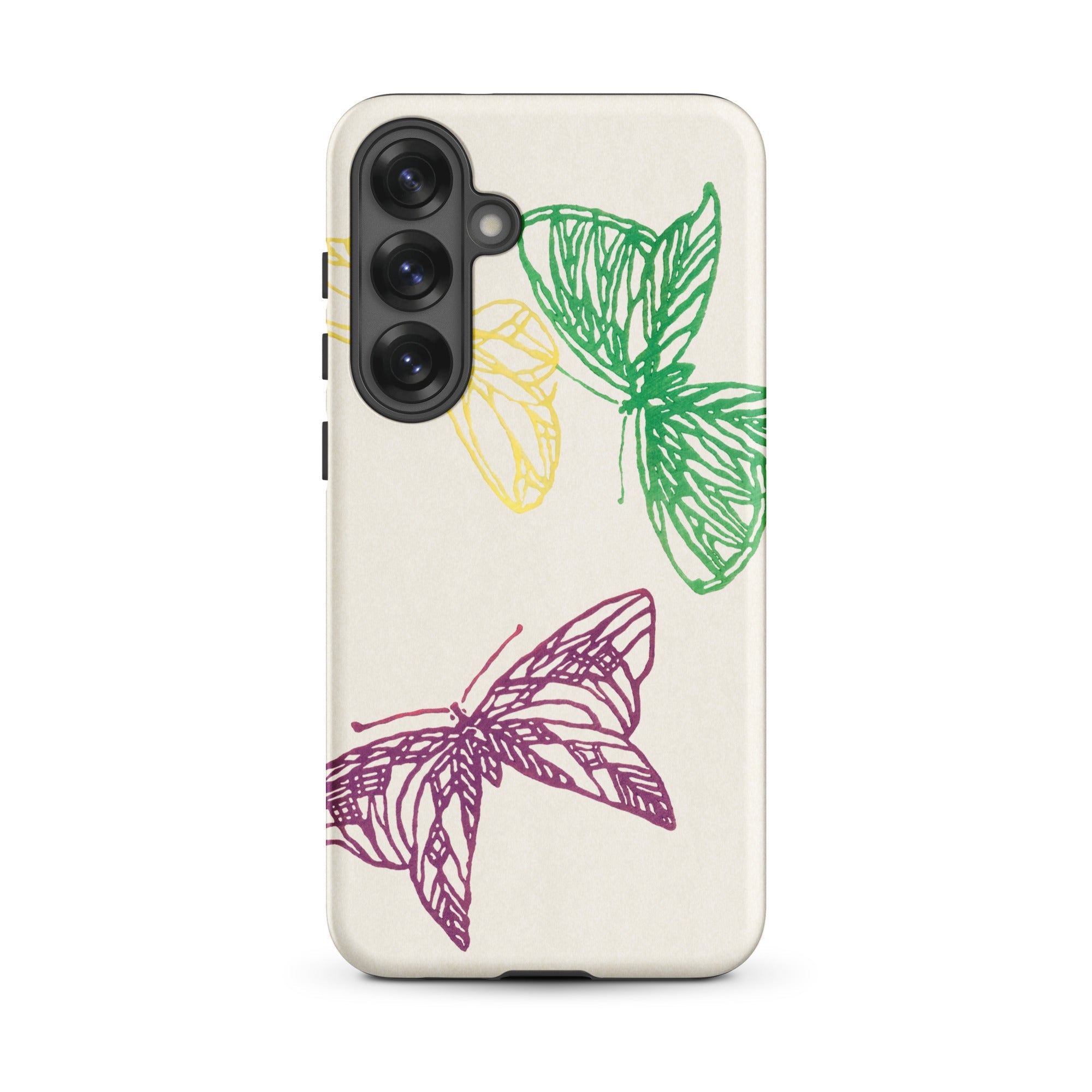 Pink Yellow & Green Butterflies Kamisaka Sekka Samsung Case, Galaxy S25 Plus / Matte, White Phone Case Three Stylized Butterfly Designs