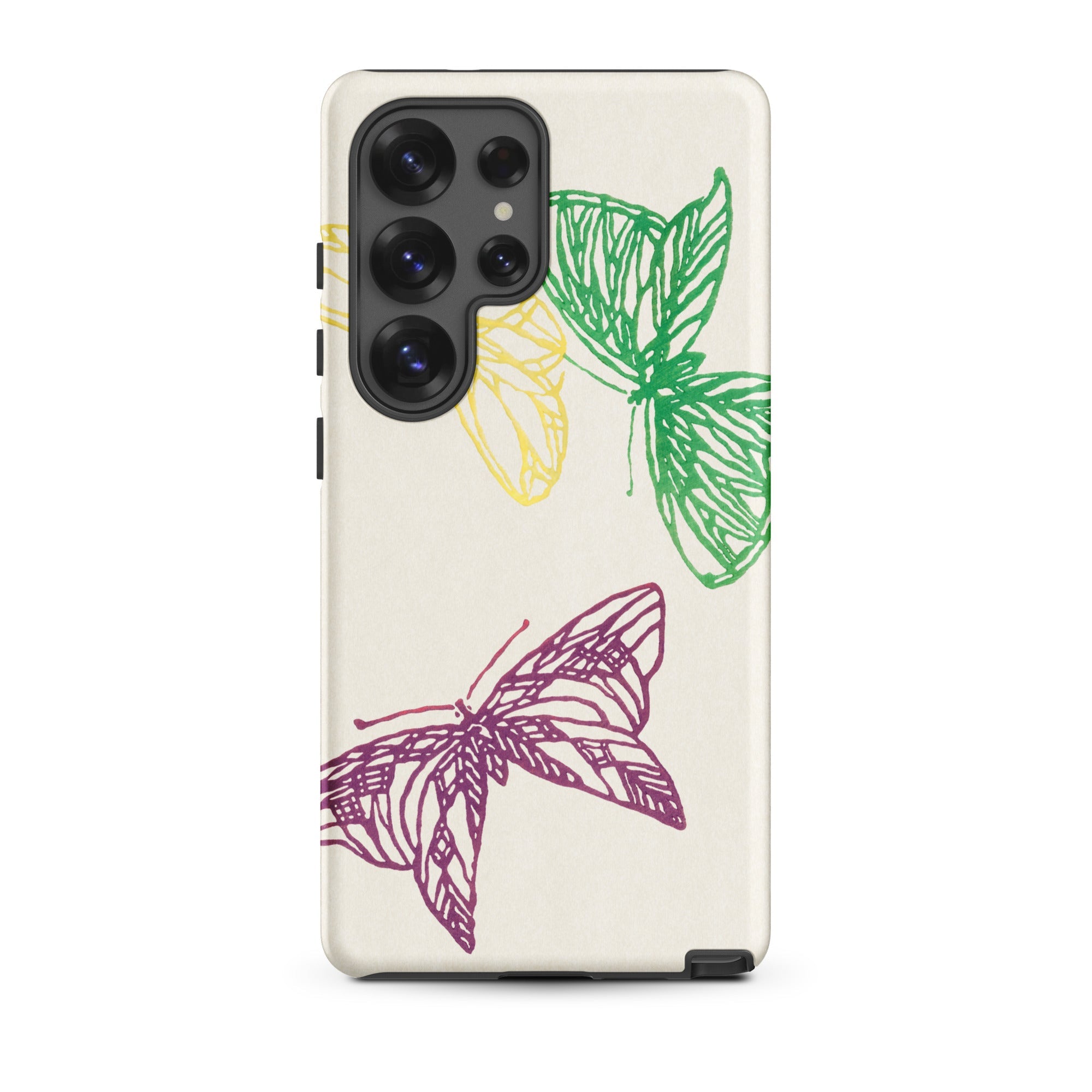 Pink Yellow & Green Butterflies Kamisaka Sekka Samsung Case, Galaxy S25 Ultra / Matte, White Smartphone Case Three Butterfly Designs Green