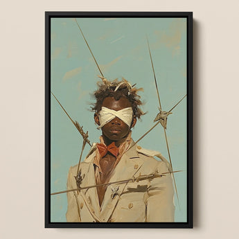 Pinpoint Surreal Black Dandy Outlaw Framed Canvas, Framed Portrait Blindfolded Man
