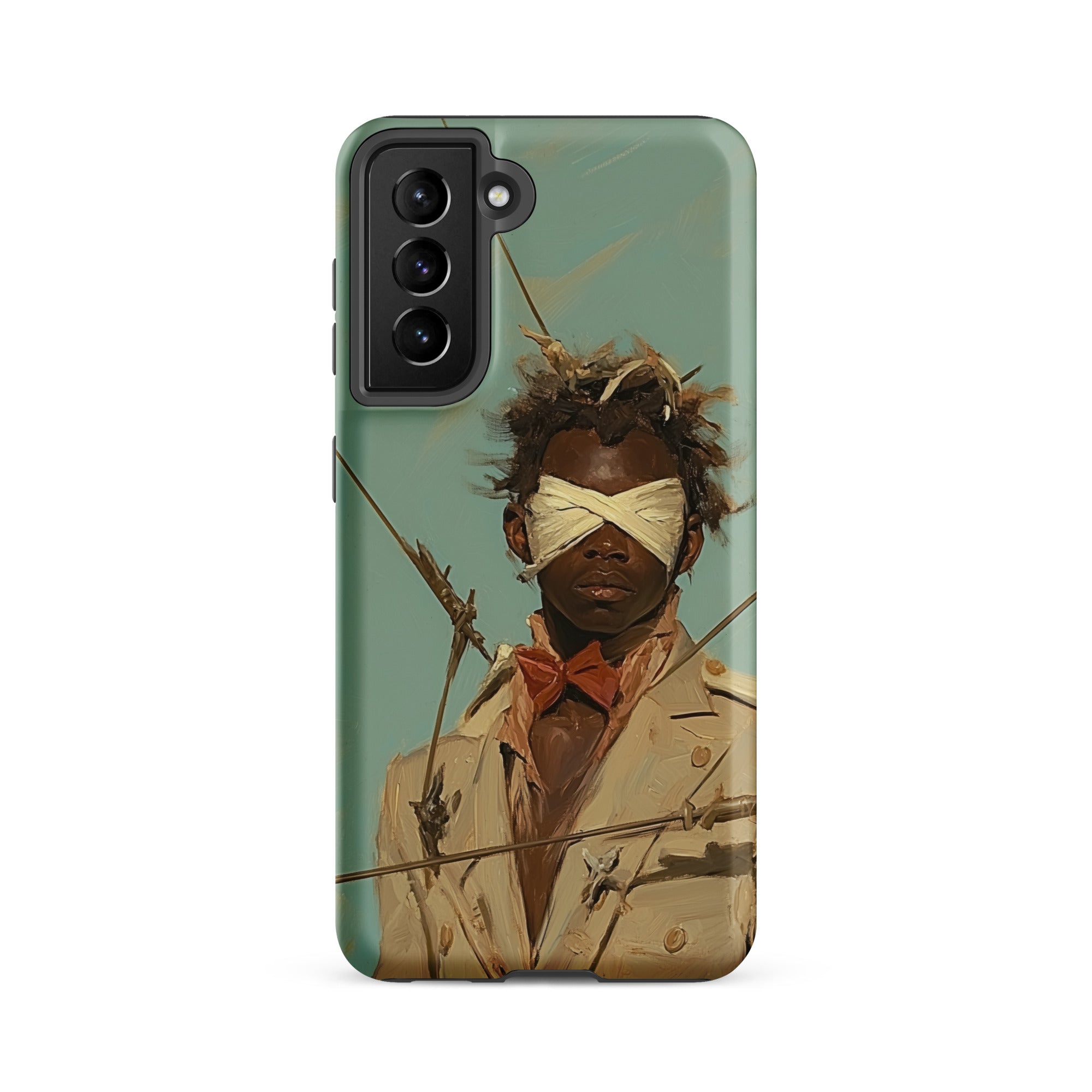Pinpoint Surreal Black Outlaw Dandy Samsung Case, Galaxy S21 Fe / Matte, Smartphone Case Blindfolded Figure Arrows