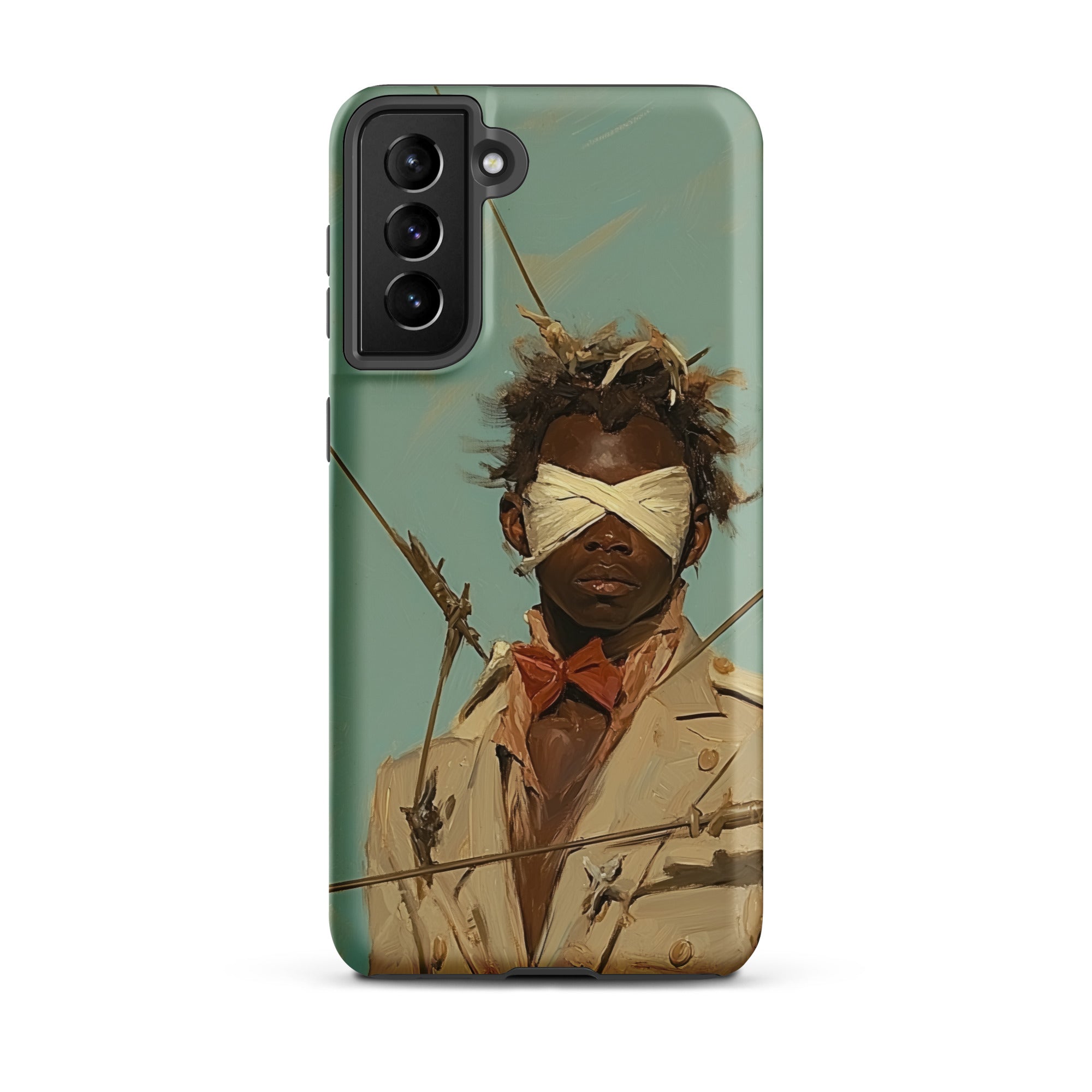 Pinpoint Surreal Black Outlaw Dandy Samsung Case, Galaxy S21 Plus / Matte, Smartphone Protective Case Portrait Blindfolded Man