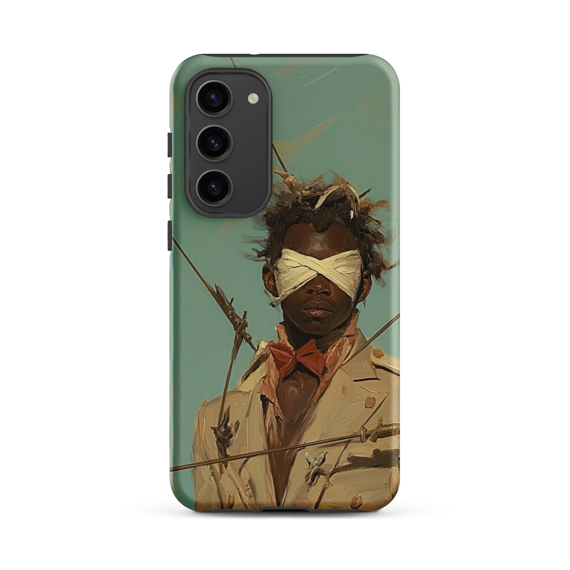 Pinpoint Surreal Black Outlaw Dandy Samsung Case, Galaxy S23 Plus / Matte, Smartphone Case Blindfolded Figure Bow Tie Tattered Clothing