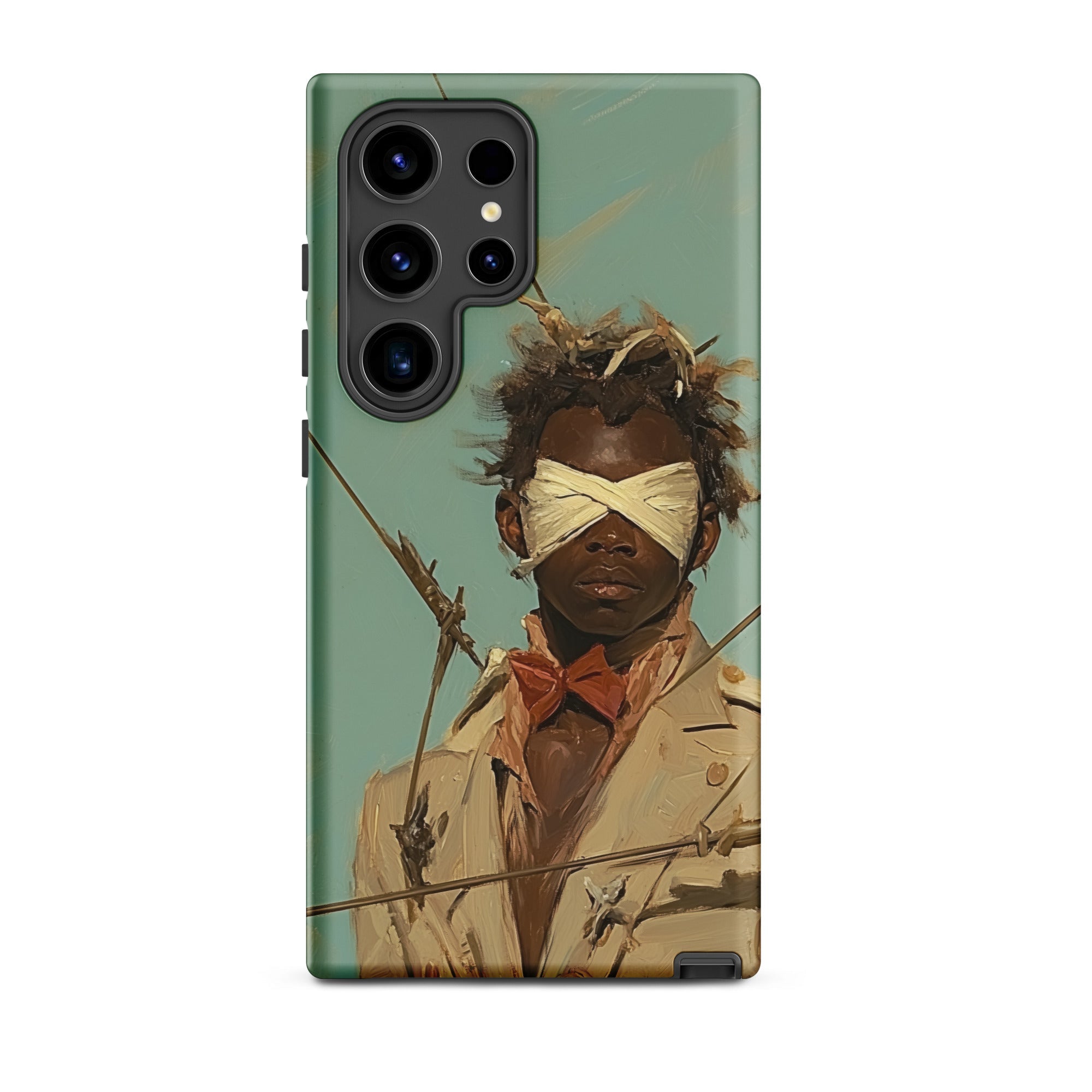 Pinpoint Surreal Black Outlaw Dandy Samsung Case, Galaxy S24 Ultra / Matte, Smartphone Case Blindfolded Figure Bow Tie Tattered Clothing