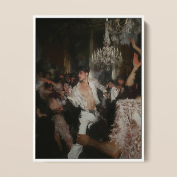 Piqued - Baroque Gay Nightclub Framed Canvas, 12x16’’ / 31x41cm / White Floating Frame, Vibrant Expressionistic Painting Lively Party Scene