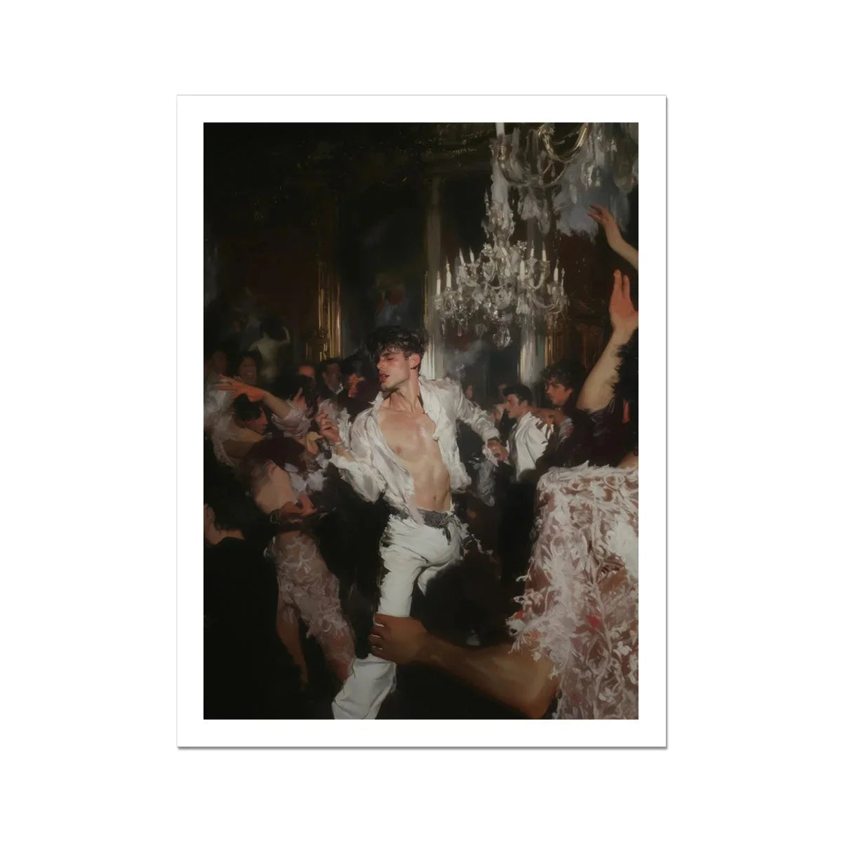 Piqued Gay Rave Aristocracy Art Print, Person White Clothing Crystal Chandelier