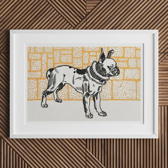 Pitbull - Moriz Jung Vintage Dog Illustration Art Print, Framed Artwork French Bulldog Black White Yellow Patterned