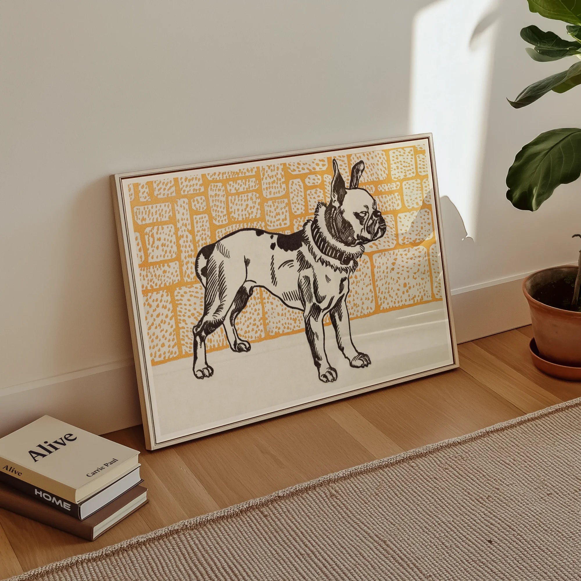 Pitbull - Moriz Jung Vintage Dog Illustration Art Print, Framed Artwork French Bulldog Yellow Patterned Background