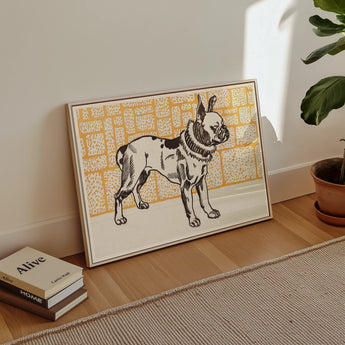Pitbull - Moriz Jung Vintage Dog Illustration Art Print, Framed Artwork French Bulldog Yellow Patterned Background