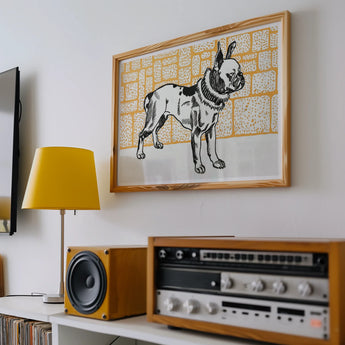 Pitbull - Moriz Jung Vintage Dog Illustration Art Print, Framed Black White Artwork French Bulldog Yellow Patterned