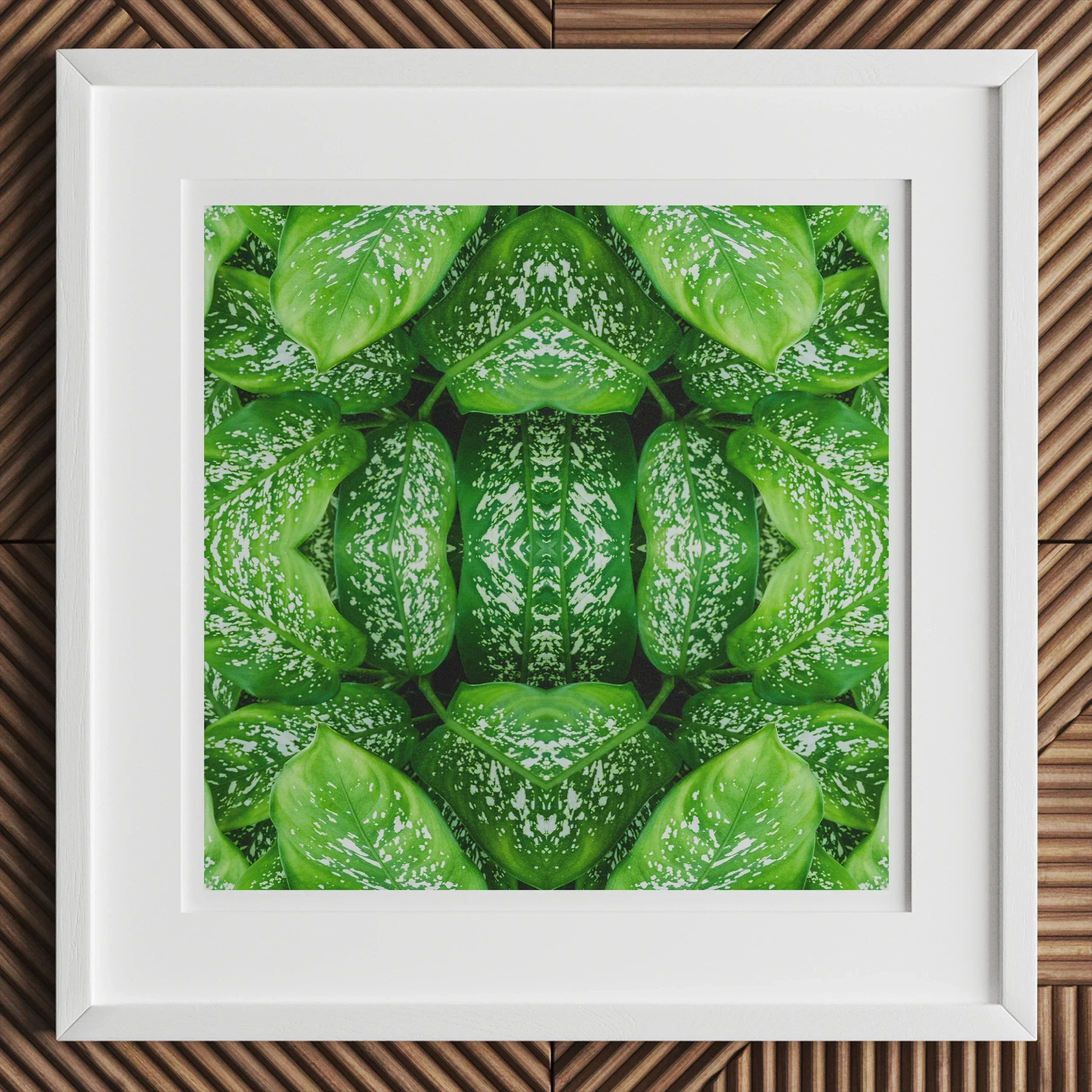 Pitter Splatter - Tropical Leaf Op Art Print, 12x12’’ / 31x31cm / White Frame, Framed Symmetrical Pattern Green Leaves Water Droplets