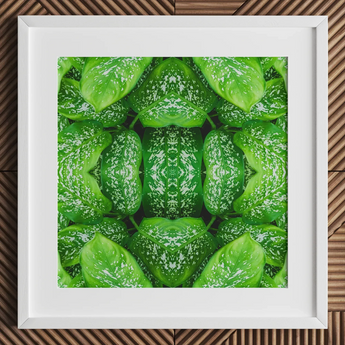 Pitter Splatter - Tropical Leaf Op Art Print / Canvas White-framed Artwork Symmetrical Kaleidoscopic Pattern Vibrant Green Leaves Pitter
