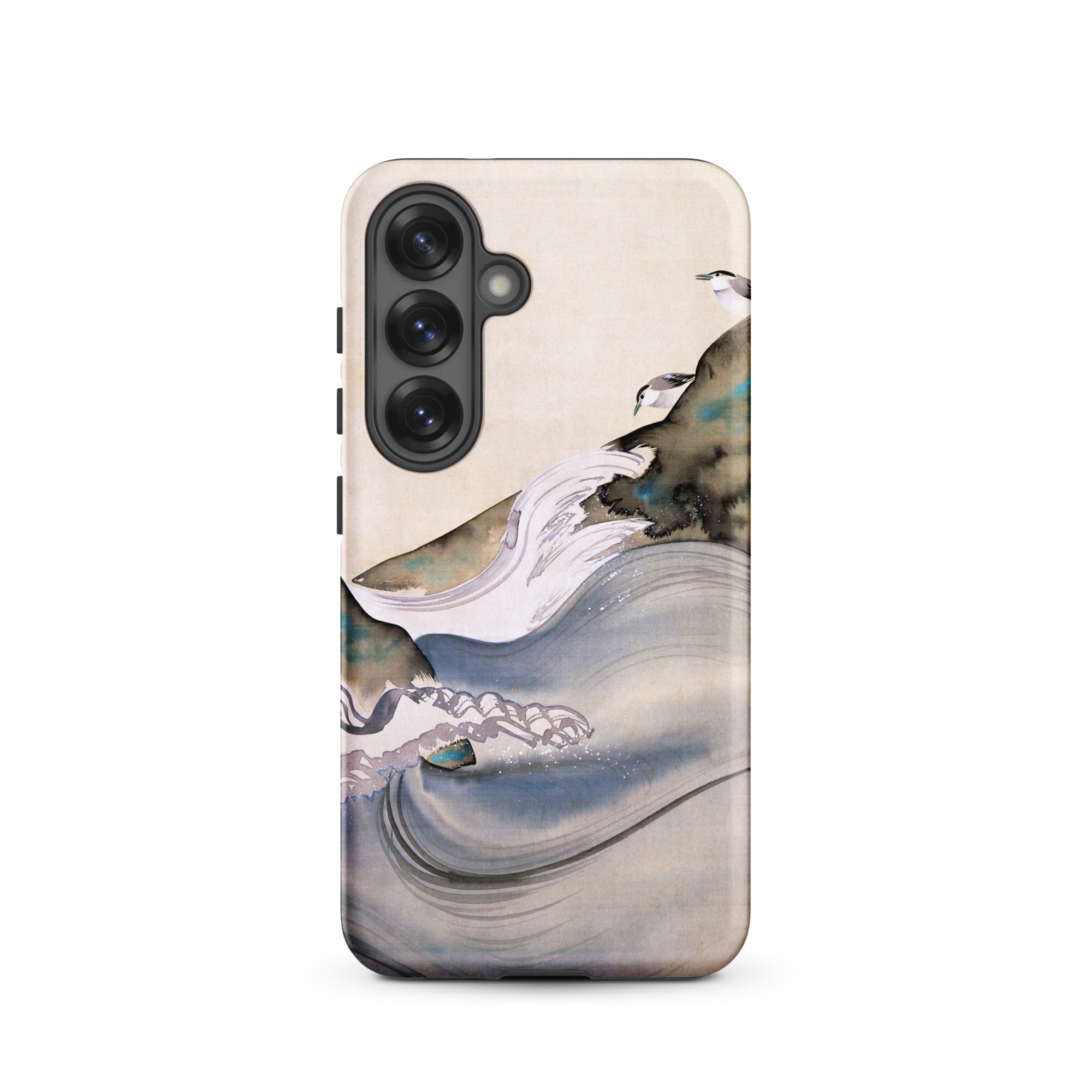 Plovers Rocks and Waves Suzuki Kiitsu Samsung Case, Galaxy S25 / Matte, Smartphone Case Wavy Abstract Design Muted Blue Grey