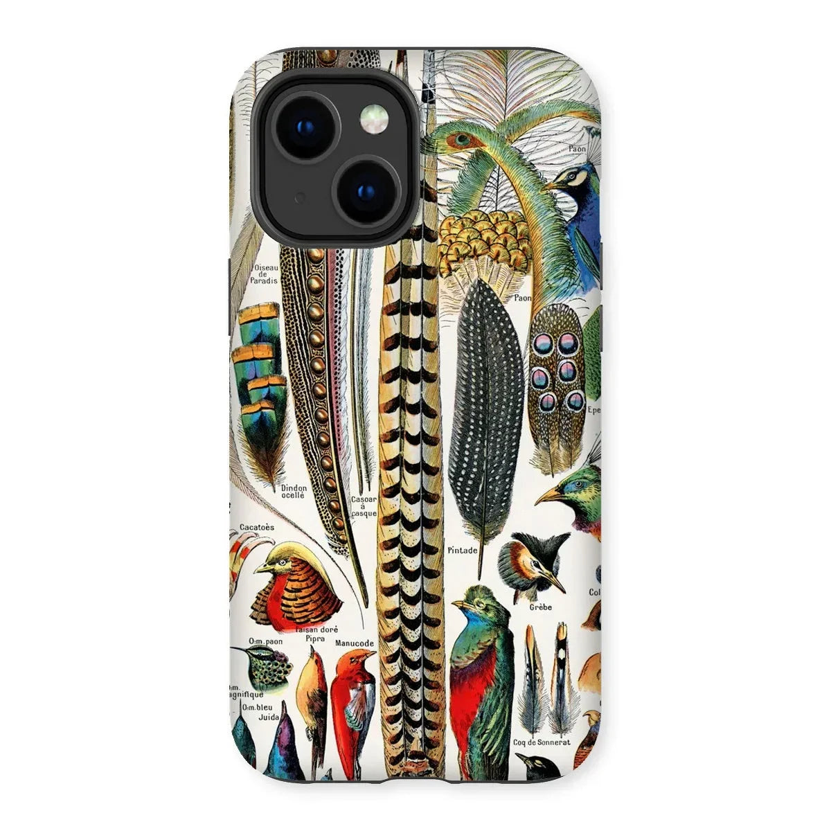 Plumes and Feathers - Adolphe Millot Art Iphone Case, 14 Plus / Matte, Smartphone Case Colorful Collage Bird Feathers Illustrations