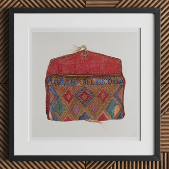 Pocketbook - Norma Lockwood 1930s Fashion Art Print, 12x12’’ / 31x31cm / Black Frame / 2’’ Matboard, Colorful Beaded Pouch Red Flap