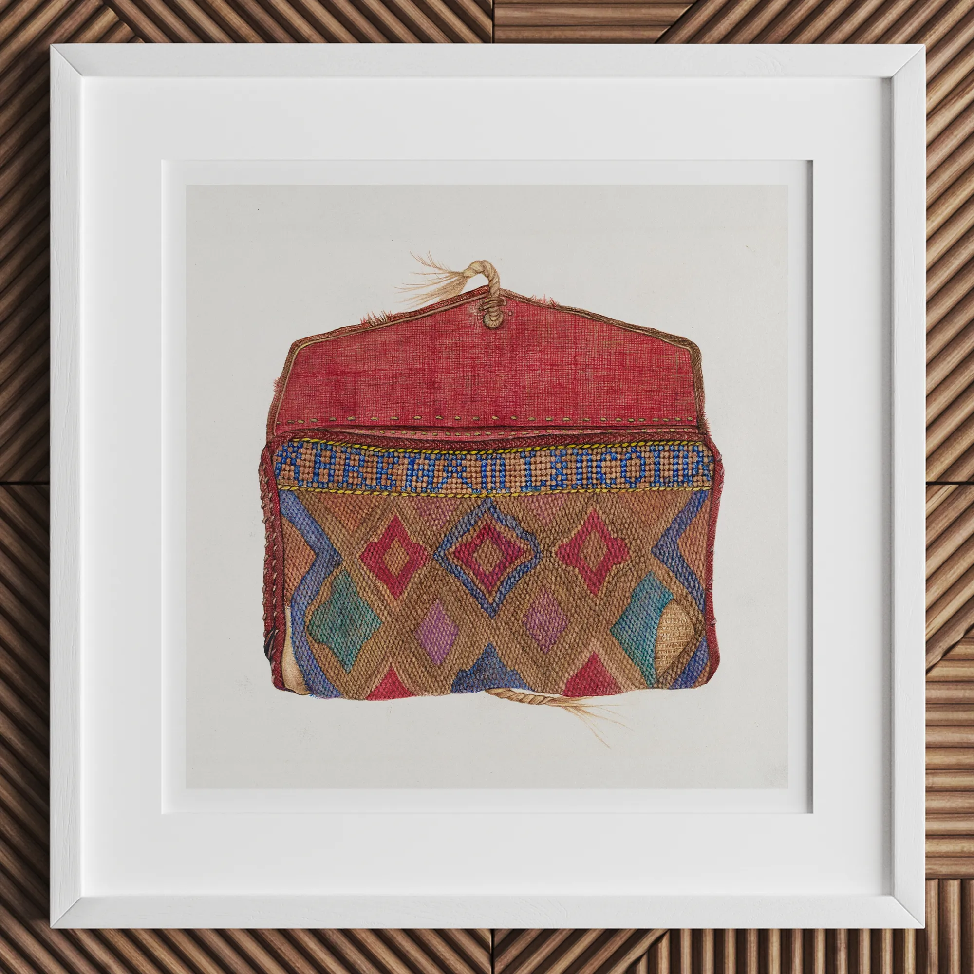 Pocketbook - Norma Lockwood 1930s Fashion Art Print, 12x12’’ / 31x31cm / White Frame, Open Red Beaded Pouch Geometric Diamond Pattern