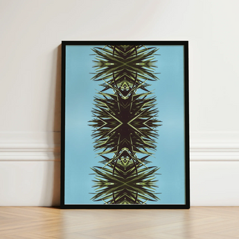 Black-framed Art Print Symmetrical Abstract Design Spiky Green Mirrored Botanical Leaf, Fractalized Foliage, Modern