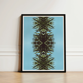 Framed Abstract Botanical Print Symmetrical Spiky Green Black Mirrored Leaf, Fractalized Foliage, Modern