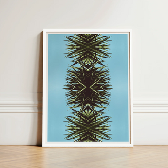 Framed Art Print Symmetrical Kaleidoscopic Design Spiky Green Mirrored Botanical Leaf, Fractalized Foliage, Modern