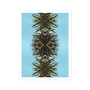 Pointy - Modern Mirrored Botanical Leaf Art Print / Canvas Symmetrical Kaleidoscopic Pattern Created Palm Fronds Blue Backdrop Mirrored