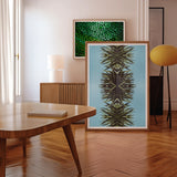 Pointy - Modern Mirrored Botanical Leaf Art Print, Framed Abstract Artwork Symmetrical Pineapple-like Design Light Blue