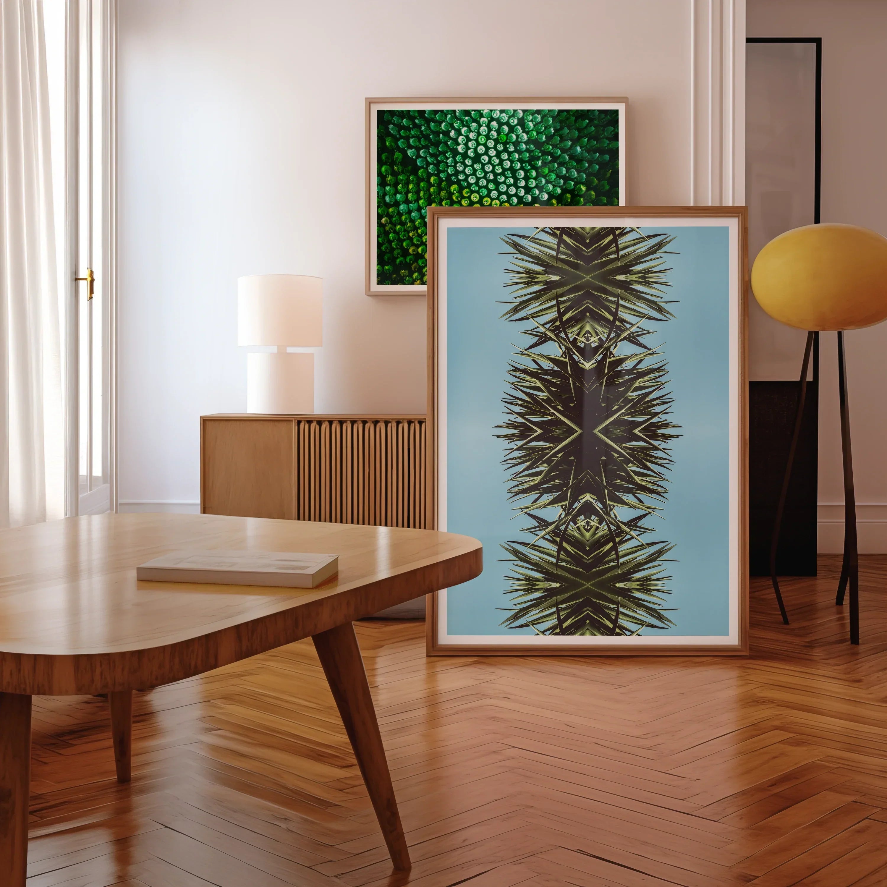 Pointy Modern Mirrored Botanical Leaf Art Print, Framed Abstract Artwork Symmetrical Pineapple Like Design Light Blue