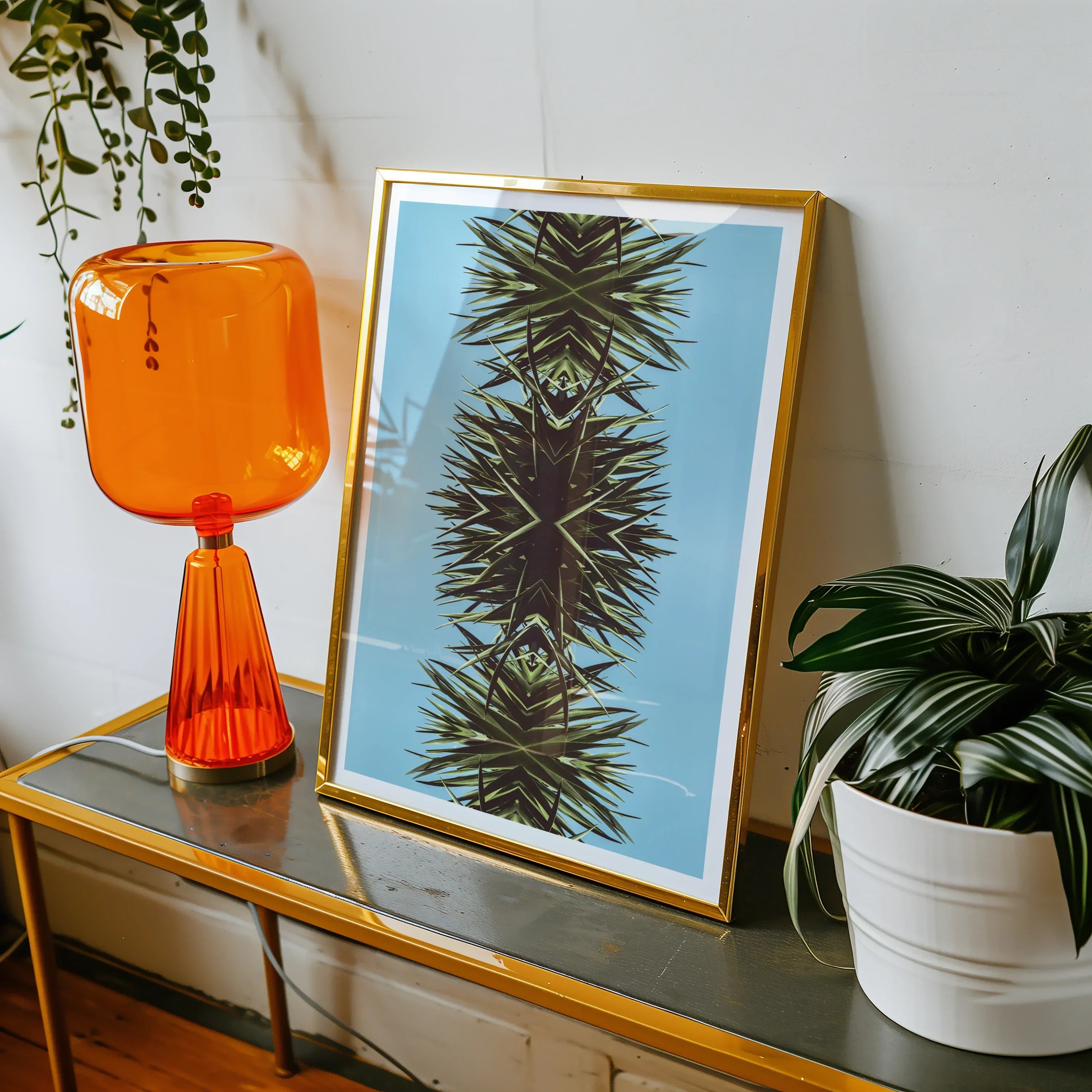 Pointy Modern Mirrored Botanical Leaf Art Print, Framed Artwork Symmetrical Palm Frond Pattern Blue Background