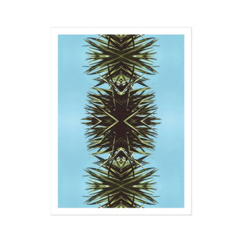 Pointy - Modern Mirrored Botanical Leaf Art Print, Symmetrical Kaleidoscopic Pattern Created Palm Fronds Blue Backdrop
