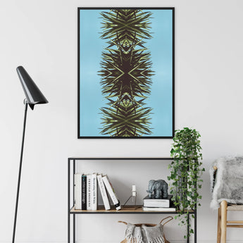 Pointy - Modern Mirrored Leaf Art Framed Canvas, Framed Abstract Art Print Symmetrical Palm Frond Pattern